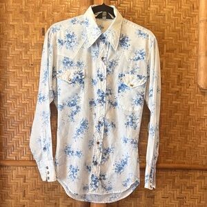 Sears 70s vintage western wear White Blue Floral Dress Shirt Pearl Buttons small